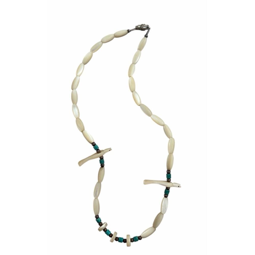 Heishi Shell Mother Of Pearl Turquoise Carved Birds Fetish Zuni Necklace 15” Vtg